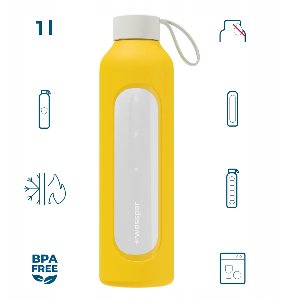 Gertuvė Wessper B1 motyvacinis 1000 ml stiklinis buteliukas su matavimo taurele, skirtas fitnesui, užplombuotas