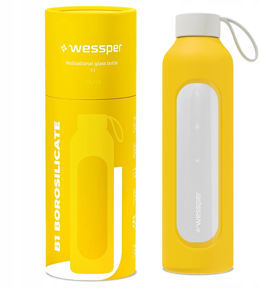 Gertuvė Wessper B1 motyvacinis 1000 ml stiklinis buteliukas su matavimo taurele, skirtas fitnesui, užplombuotas