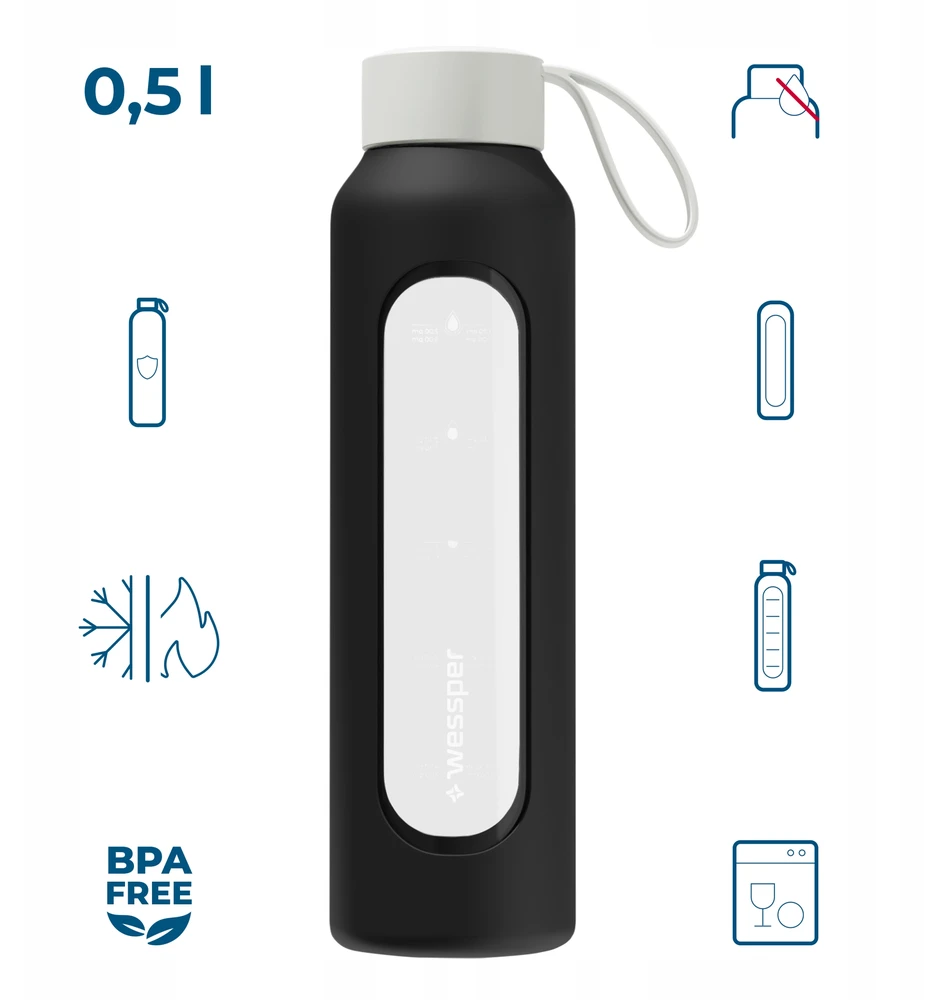 Wessper B1 motyvacinis stiklinis butelis su matavimo taurele 0,5 l, skirtas fitnesui ir sporto salei