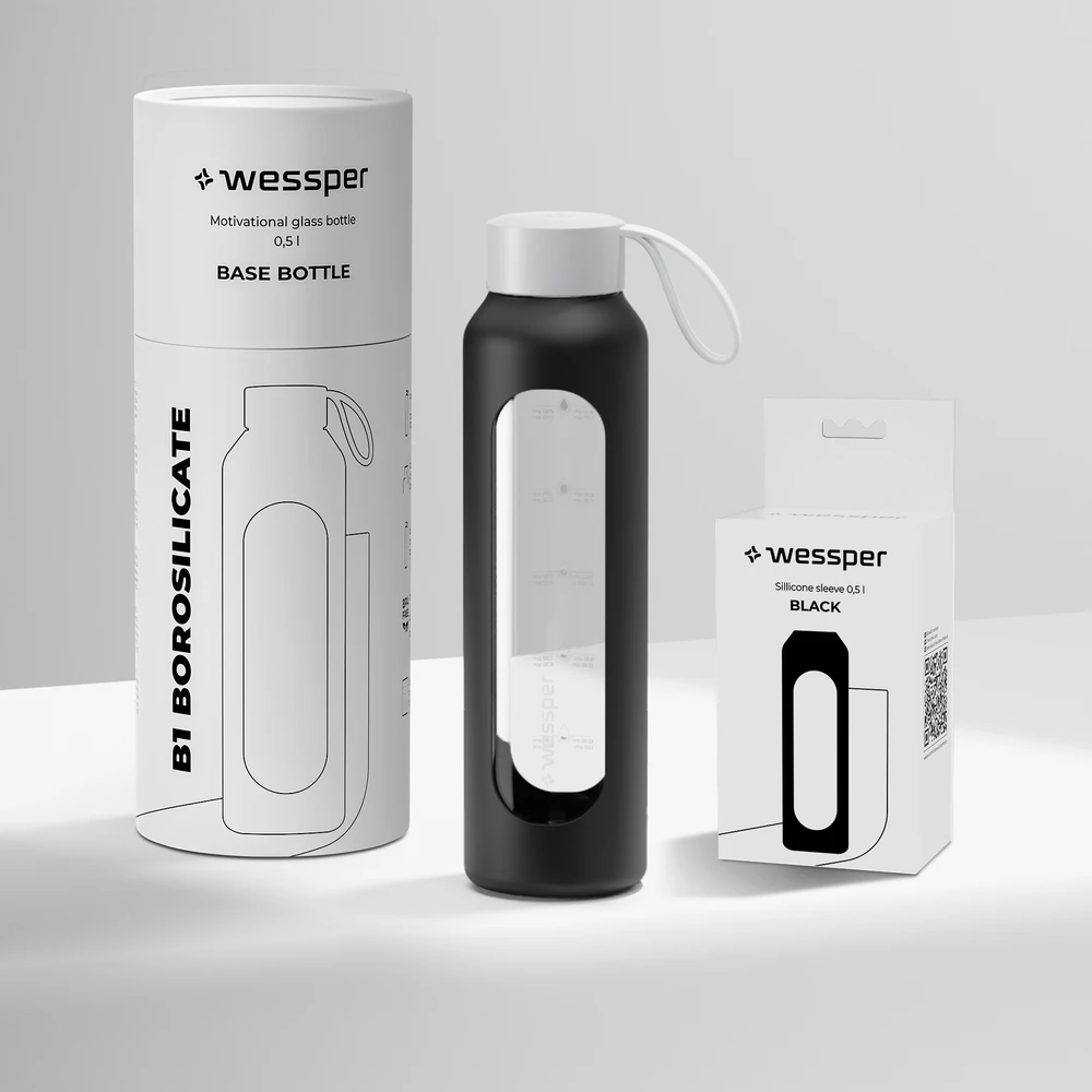 Wessper B1 motyvacinis stiklinis butelis su matavimo taurele 0,5 l, skirtas fitnesui ir sporto salei