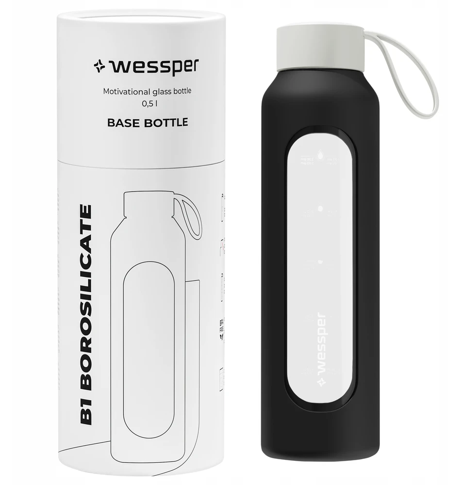 Wessper B1 motyvacinis stiklinis butelis su matavimo taurele 0,5 l, skirtas fitnesui ir sporto salei