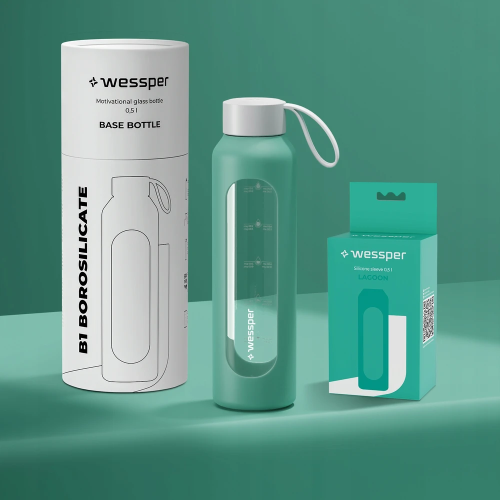 Wessper B1 stiklinis butelis 0,5 l su matavimo taurele, skirtas nuo sporto salės iki biuro