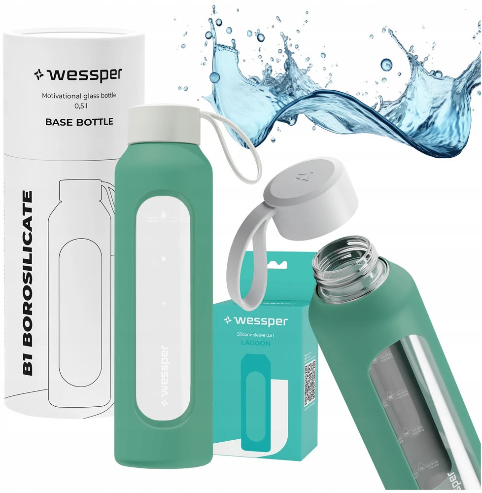 Wessper B1 stiklinis butelis 0,5 l su matavimo taurele, skirtas nuo sporto salės iki biuro
