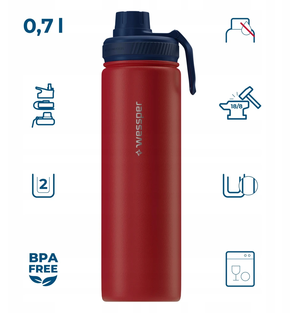 Wessper B3 THERMOSTEEL 700ml plieno termosas su 3 kandikliais