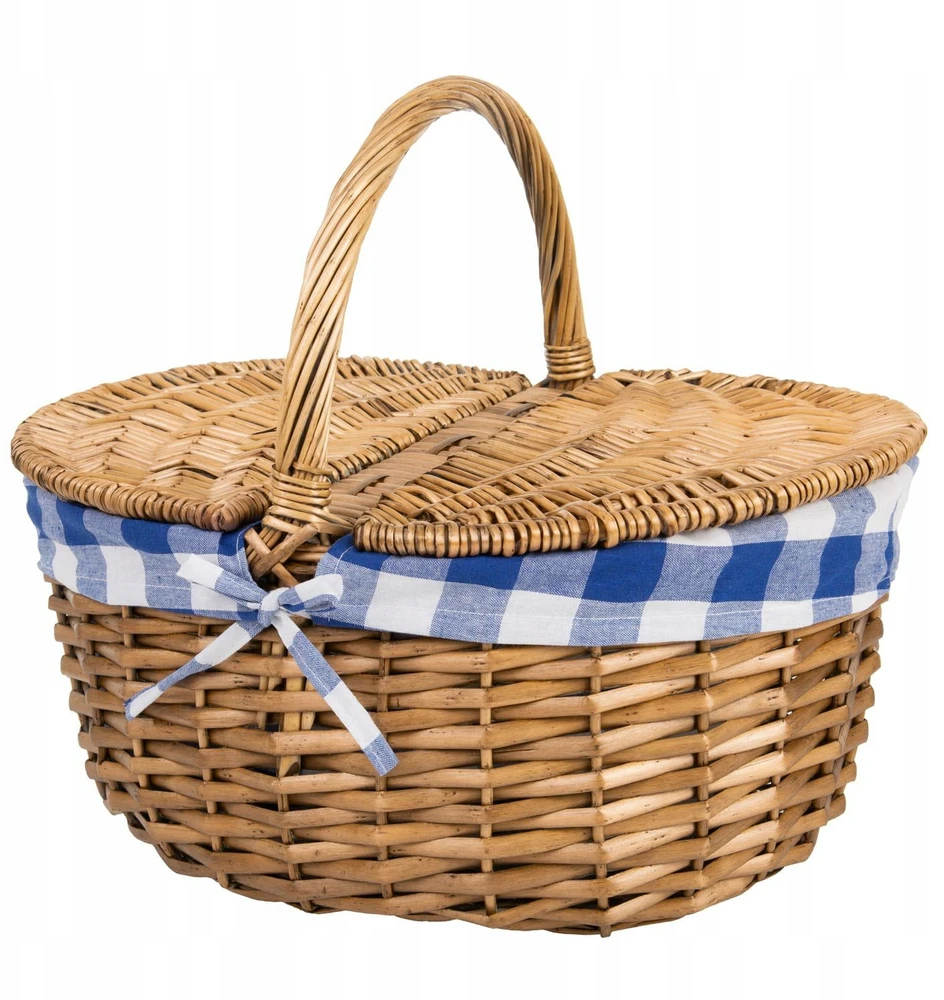 Wicker Picnic Basket, rudas, tamsiai mėlynas audinys
