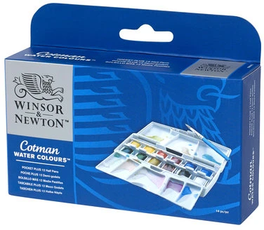 Winsor Newton Akvareliniai dažu rinkinys Cotman Pocket Plus 12x1/2 kubeliu+teptukas plastikine dežute