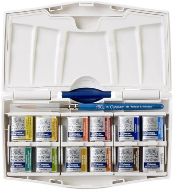 Winsor Newton Akvareliniai dažu rinkinys Cotman Pocket Plus 12x1/2 kubeliu+teptukas plastikine dežute