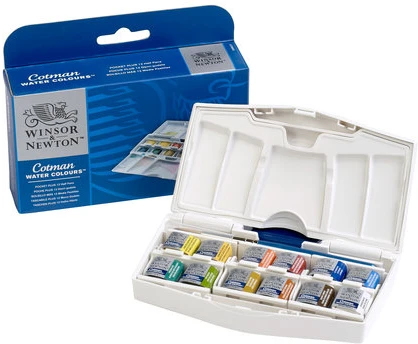 Winsor Newton Akvareliniai dažu rinkinys Cotman Pocket Plus 12x1/2 kubeliu+teptukas plastikine dežute