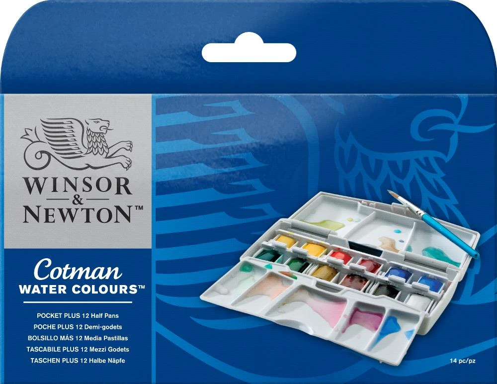 Winsor Newton Akvareliniai dažu rinkinys Cotman Pocket Plus 12x1/2 kubeliu+teptukas plastikine dežute