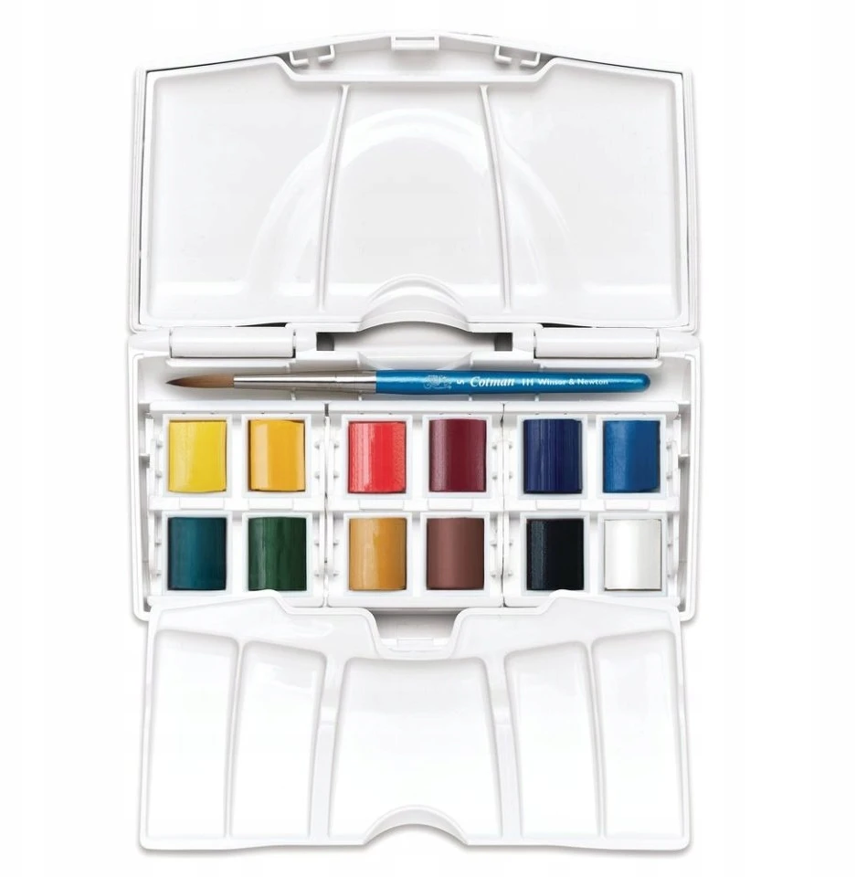 Winsor Newton Akvareliniai dažu rinkinys Cotman Pocket Plus 12x1/2 kubeliu+teptukas plastikine dežute