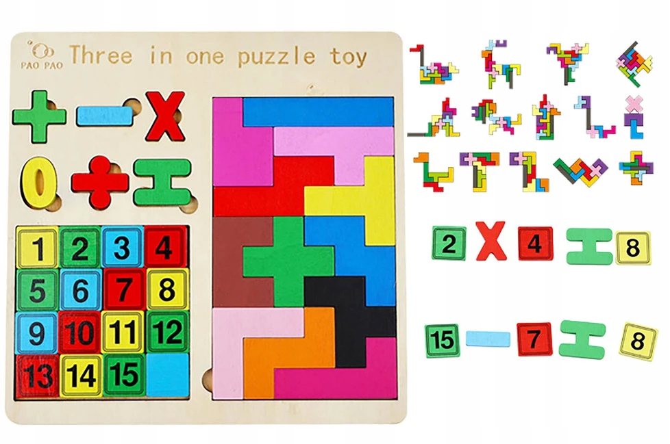 WKS LAIKOMASIS ŽAISLAS MEDINĖS TETRIS DĖLĖS DAUGOS LENTELĖ 3in1 SKAIČIAI