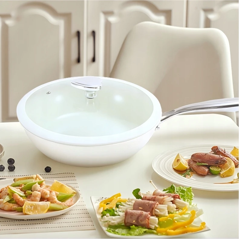 Wok glazūruota keraminė keptuvė su nepridegančia danga - balta 28 cm