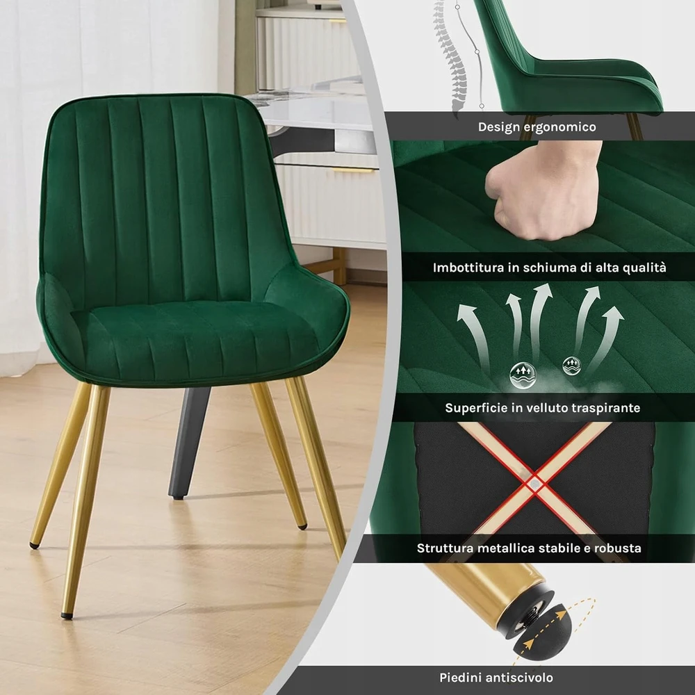 Woltu LESTARAIN KĖDŽIŲ RINKINYS IŠ 2 MIGAMOJO FOTO SVETAINĖS KAMBARIO VELVET Žalias + GOLD