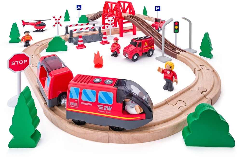Woody Train su elektrine mašina, ugniagesiai, 60 dalių