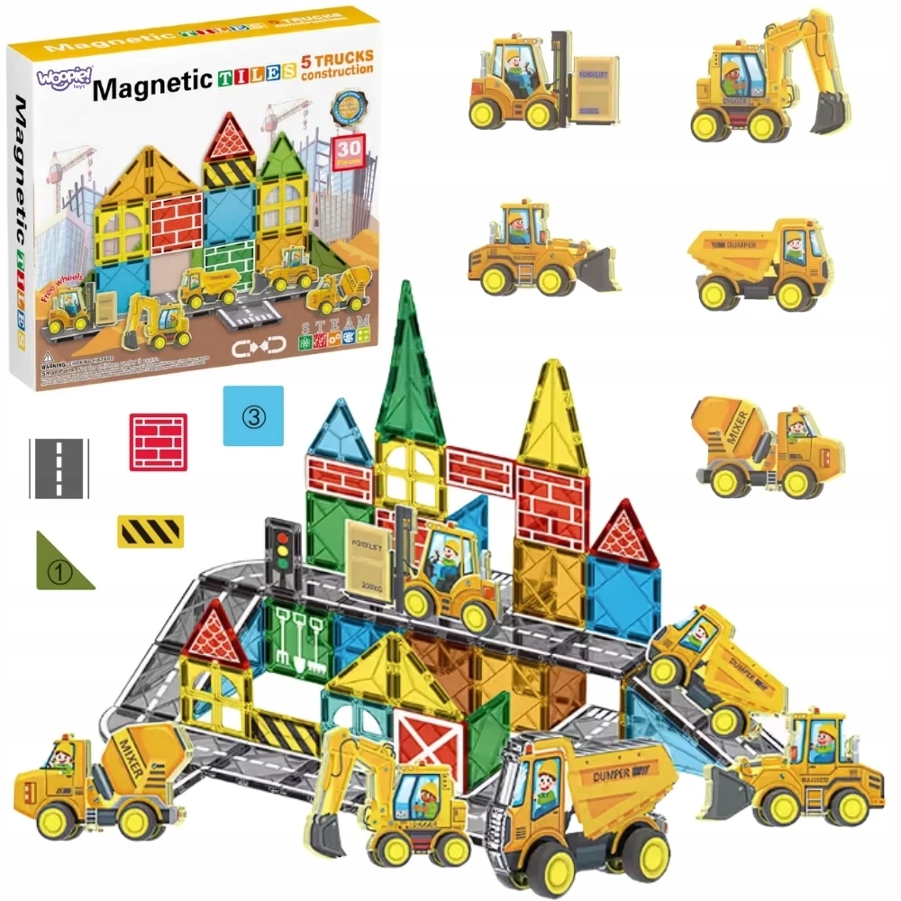 WOOPIE Magnetinis Konstruktorius su Statybiniais Automobiliais 30vnt