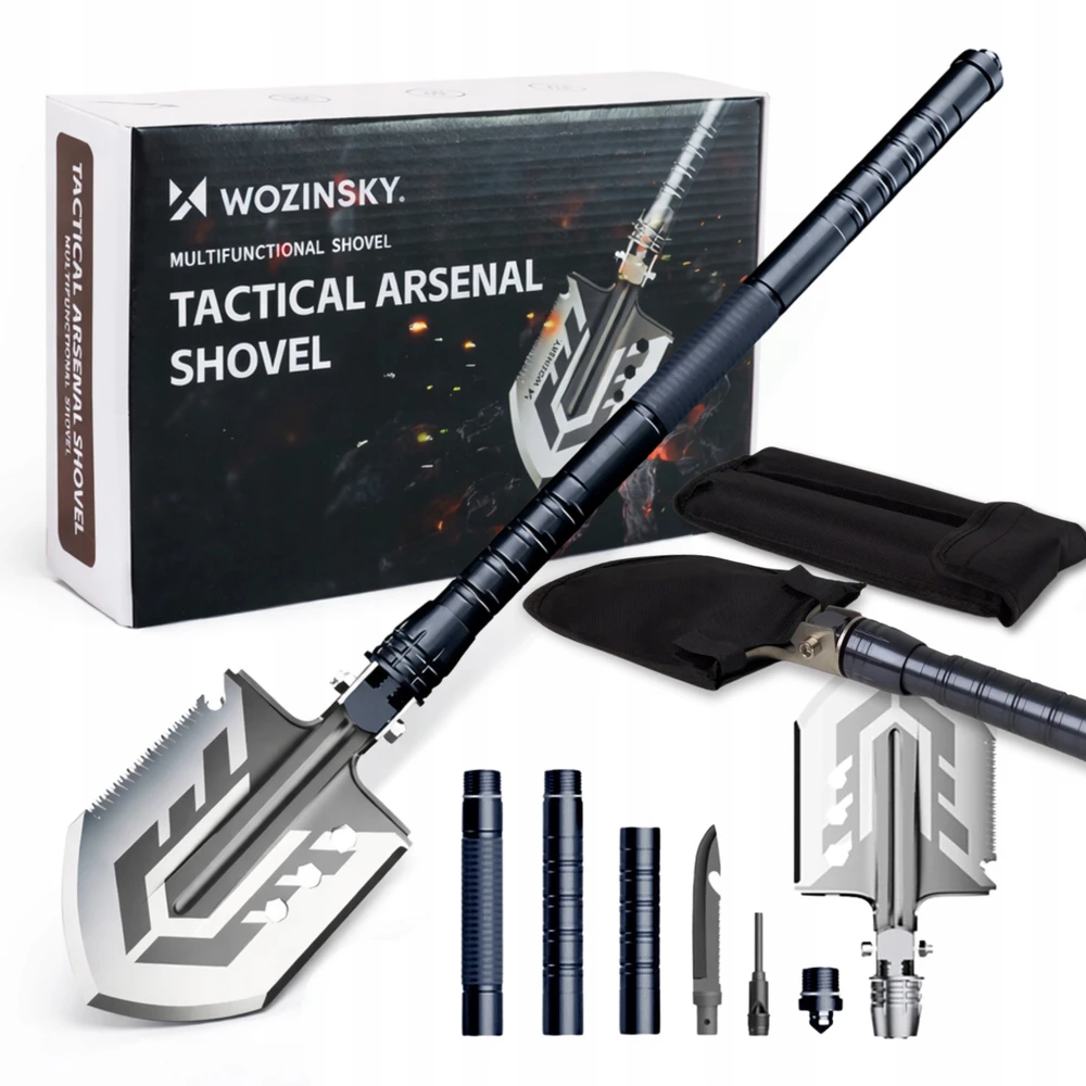 Wozinsky WSS-211 išgyvenimo kastuvas išgyvenimui, daugiafunkcis peilis, titnago švilpukas, harpūnas, 21 viename - pilka