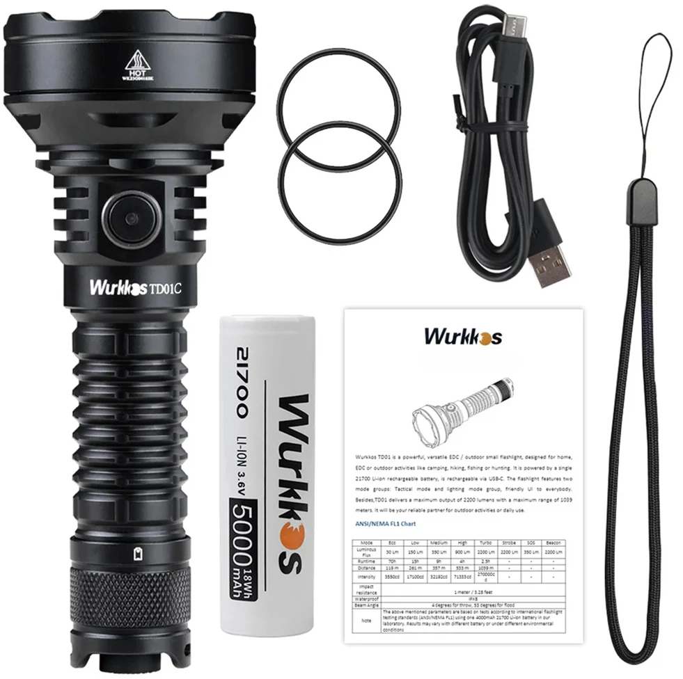 Wurkkos TD01C taktinis LED žibintuvėlis, 1800 lm, 1000 m, USB-C, 21700 5000 mAh, IPX8, juodas