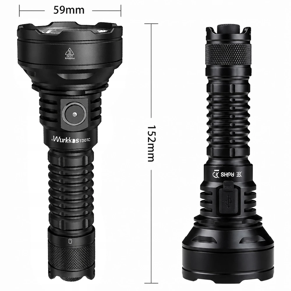 Wurkkos TD01C taktinis LED žibintuvėlis, 1800 lm, 1000 m, USB-C, 21700 5000 mAh, IPX8, juodas