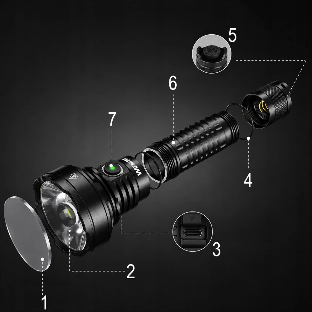 Wurkkos TD01C taktinis LED žibintuvėlis, 1800 lm, 1000 m, USB-C, 21700 5000 mAh, IPX8, juodas