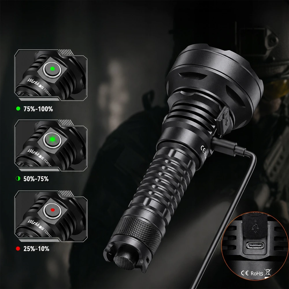 Wurkkos TD01C taktinis LED žibintuvėlis, 1800 lm, 1000 m, USB-C, 21700 5000 mAh, IPX8, juodas