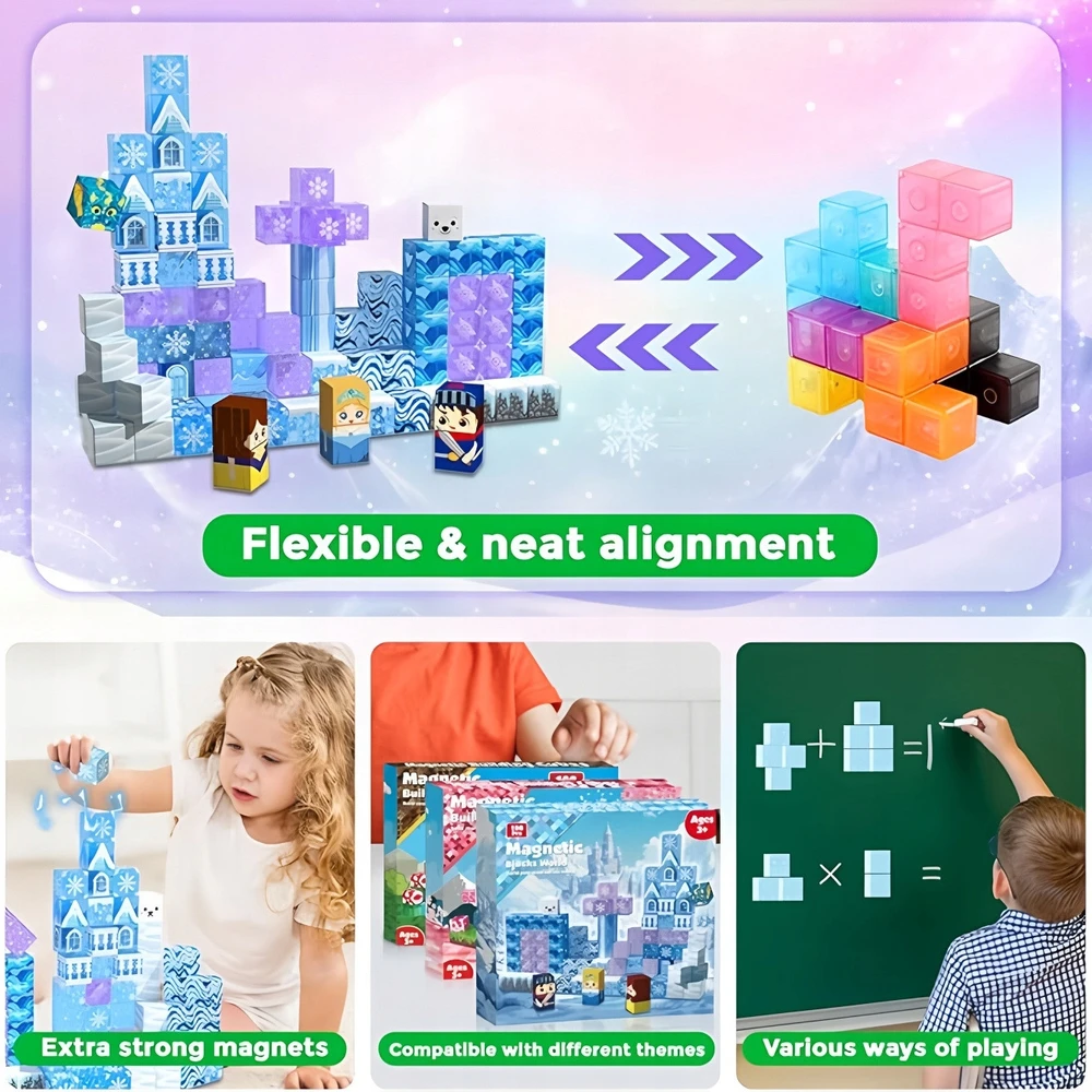 XINLONGDIANZI Magnetinės plytos 100 vnt Minecraft Style + Papildoma 100 plytų + 5 figūrėlės