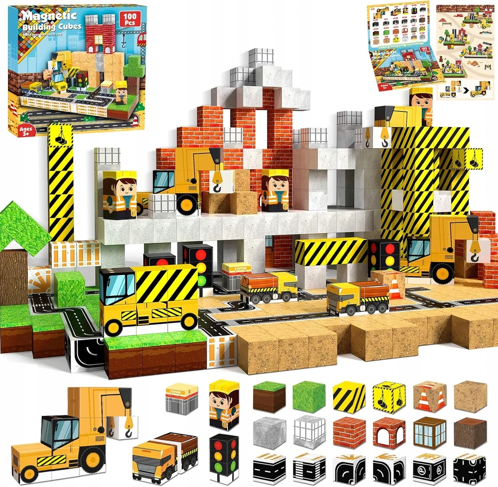 XINLONGDIANZI Magnetinės plytos 100 vnt. Minecraft stiliaus + papildoma 100 plytų + 5 figūrėlės