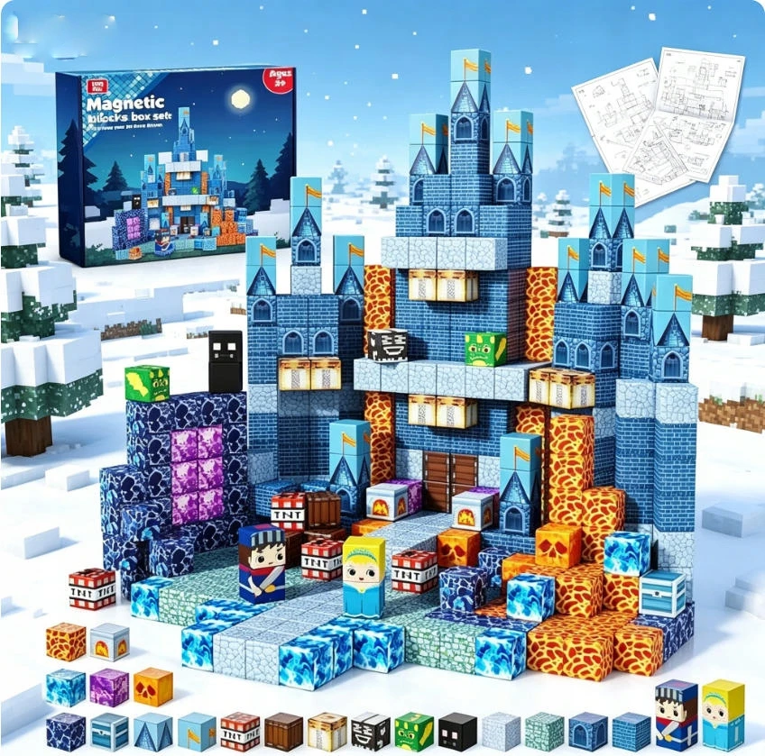 XINLONGDIANZI Magnetinės plytos 200 EL.XXL + 100 EL. PASTATAS + TNT DĖŽĖ + 10 FIGŪRIŲ