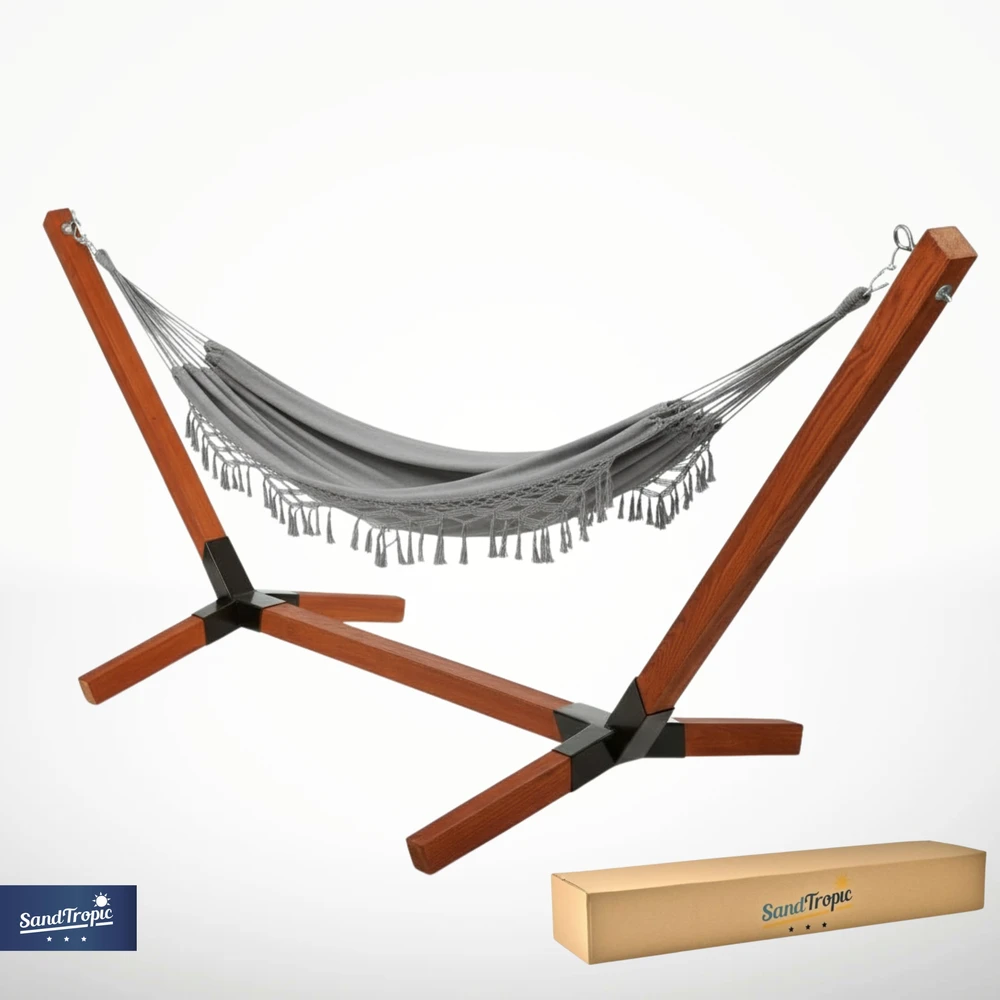 XL komplektas medinis hamako rėmas, impregnuotas 220kg + Boho hamakas pilkas