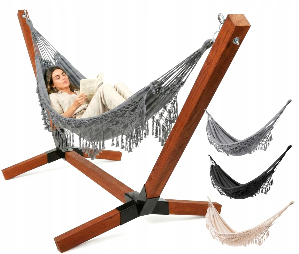 XL komplektas medinis hamako rėmas, impregnuotas 220kg + Boho hamakas pilkas