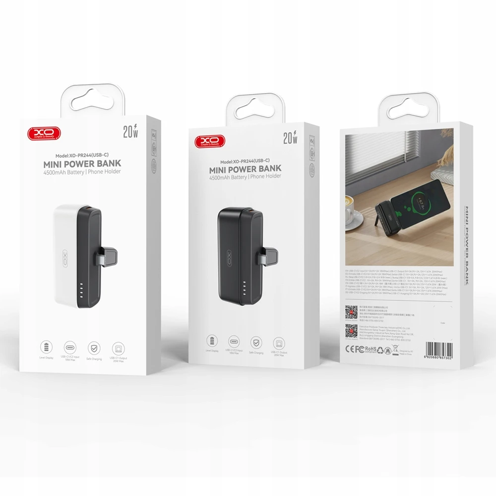 XO power bank mini PR244 20W 5000 mAh su Lightning jungtimi juodos spalvos