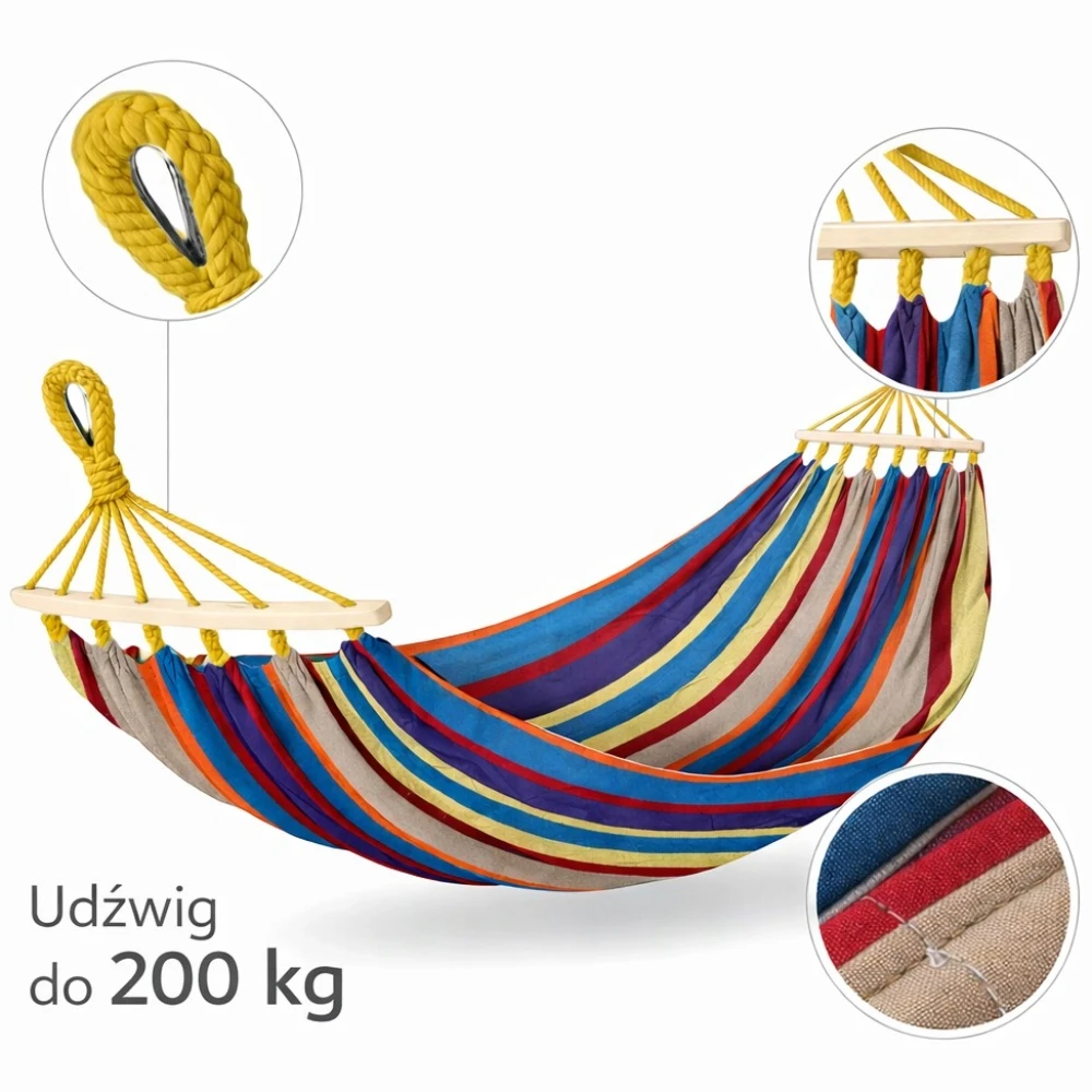 XXL dvivietis sodo hamakas 250x155 cm su pagalve, spalvingas, 200kg + virves