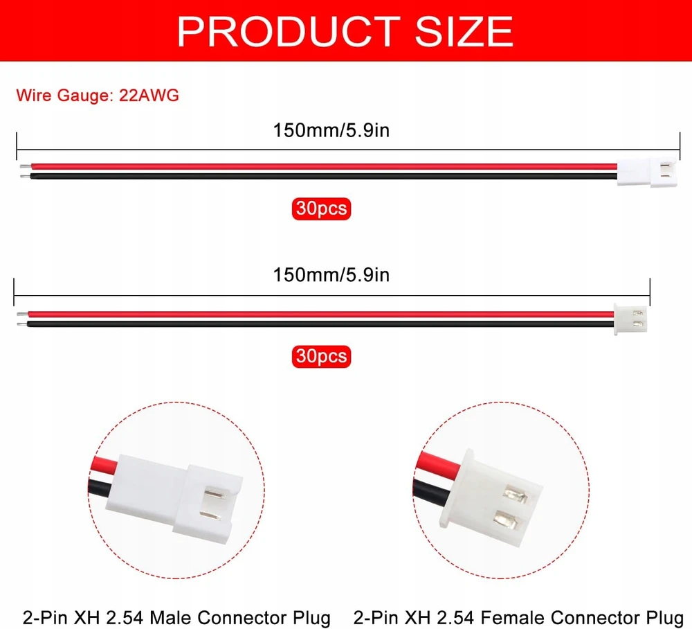 Yunique Žalias-Clean-Power, 30 porų JST XH 2.54 2 pin jungčių su 150 mm 22AWG laidais, elektronikai