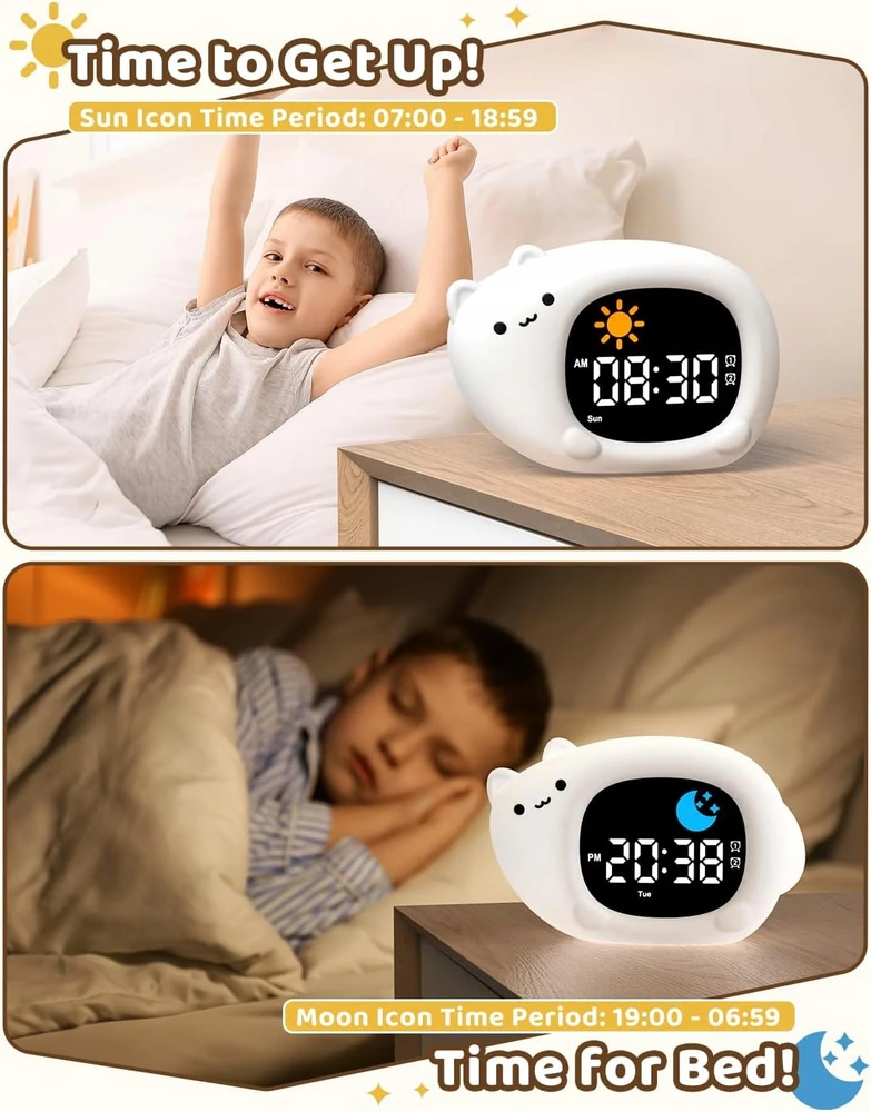 Žadintuvas Dziecięcy Podświetlany Skaitmeninis Lampka Nocna Dźwięki Bezprzewodowy