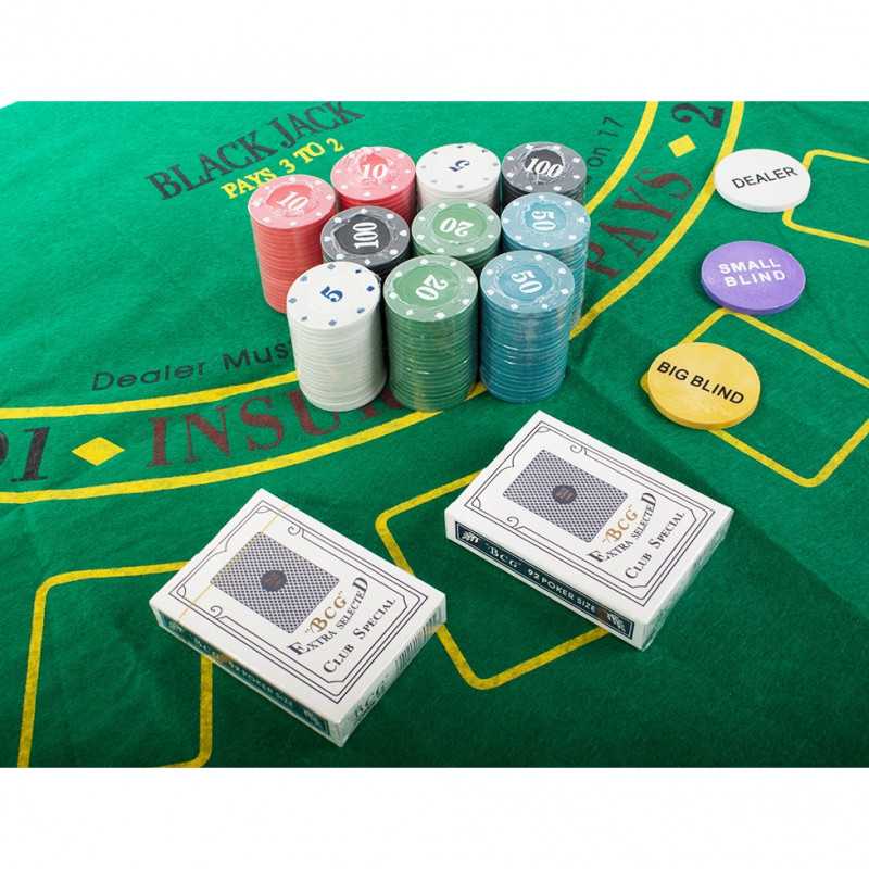 Pokerio rinkinys 200 žetonų su kortomis ir kilimėliu