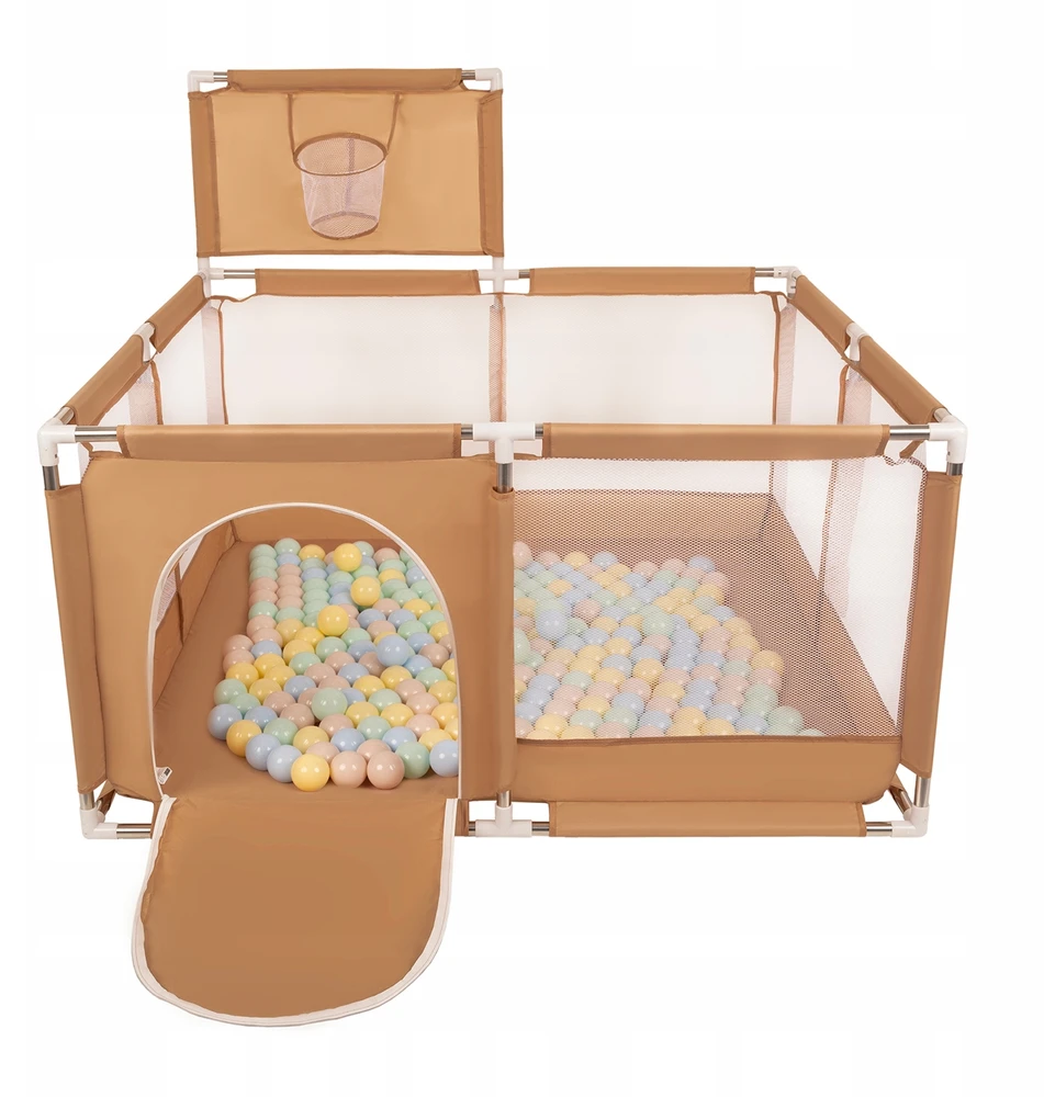 Žaidimų aikštelė kūdikiams 125x125x66 cm, Selonis, 400 kamuoliukų 6 cm, Didelė žaidimų aikštelė, Didelis maniežas, Plastikiniai kamuoliukai, Pastelinė smėlio, pastelinė mėlyna, pastelinė geltona, mėtinė