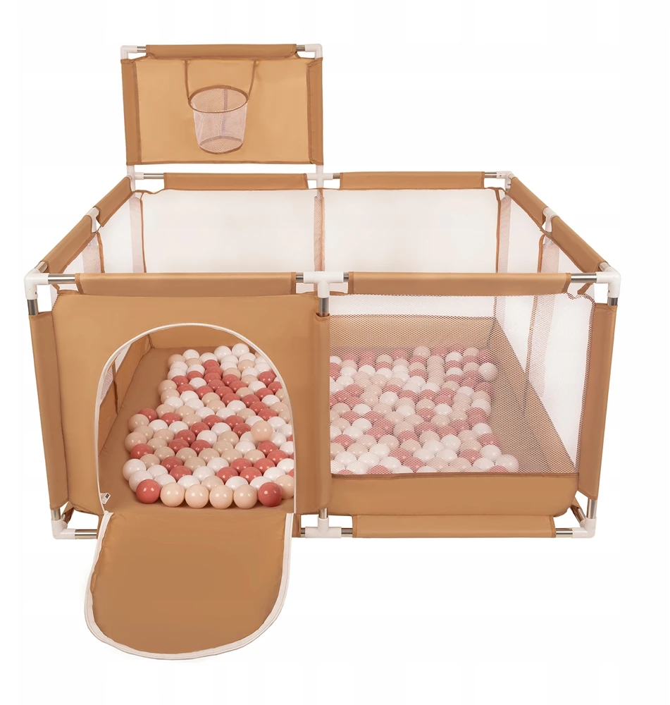 Žaidimų aikštelė kūdikiams 125x125x66 cm, Selonis, 100 kamuoliukų 6 cm, Didelė žaidimų aikštelė, Didelis maniežas, Plastikiniai kamuoliukai, Pastelinė smėlio, lašišinė, balta