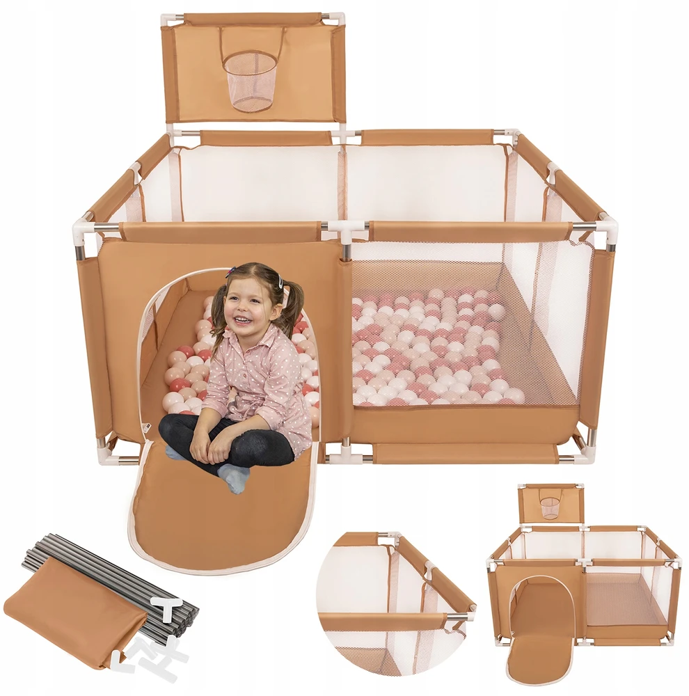 Žaidimų aikštelė kūdikiams 125x125x66 cm, Selonis, 100 kamuoliukų 6 cm, Didelė žaidimų aikštelė, Didelis maniežas, Plastikiniai kamuoliukai, Pastelinė smėlio, lašišinė, balta