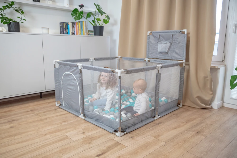 Žaidimų aikštelė kūdikiams 125x125x66 cm, Selonis, 400 kamuoliukų 6 cm, Didelė žaidimų aikštelė, Didelis maniežas, Plastikiniai kamuoliukai, Pastelinė smėlio, pastelinė mėlyna, pastelinė geltona, mėtinė
