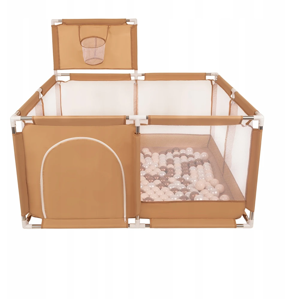 Žaidimų aikštelė kūdikiams 125x125x66 cm, Selonis, 200 kamuoliukų 6 cm, Didelė žaidimų aikštelė, Didelis maniežas, Plastikiniai kamuoliukai, Pastelinė smėlio, vario raudona, perlinė
