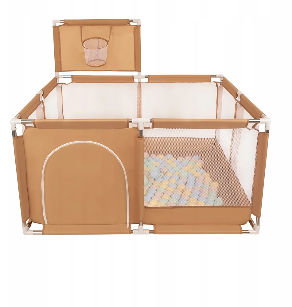 Žaidimų aikštelė kūdikiams 125x125x66 cm, Selonis, 400 kamuoliukų 6 cm, Didelė žaidimų aikštelė, Didelis maniežas, Plastikiniai kamuoliukai, Pastelinė smėlio, pastelinė mėlyna, pastelinė geltona, mėtinė