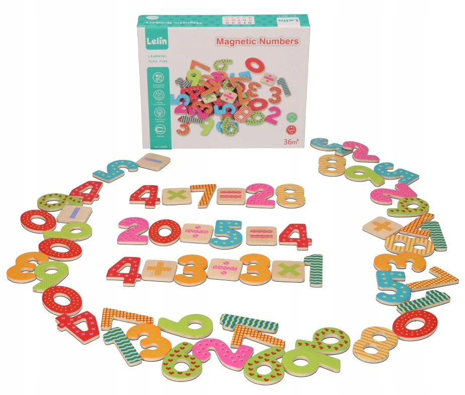 Lelin Magnetinės medinės skaitmenys edukacinei matematikos žaidimui, vaikams nuo 3 metų, 60 vnt. spalvoti