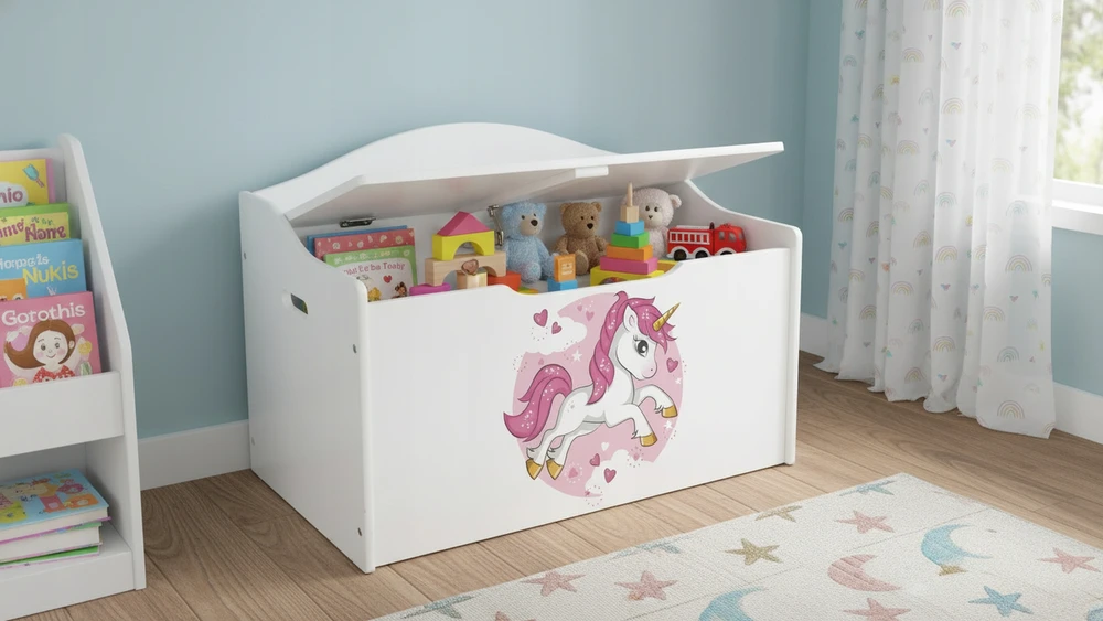 Žaislų dėžė Leomark Unicorn, balta 68x42x46 cm