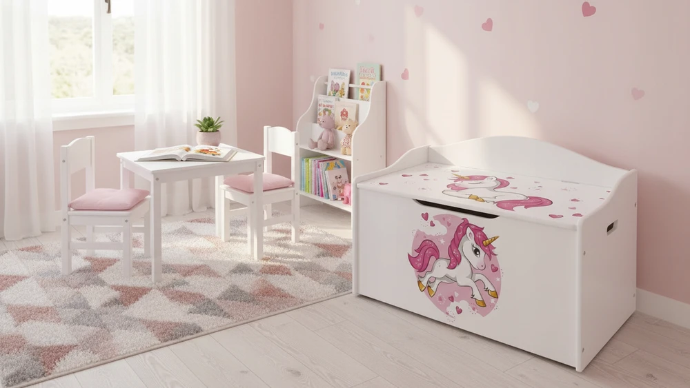 Žaislų dėžė Leomark Unicorn, balta 68x42x46 cm