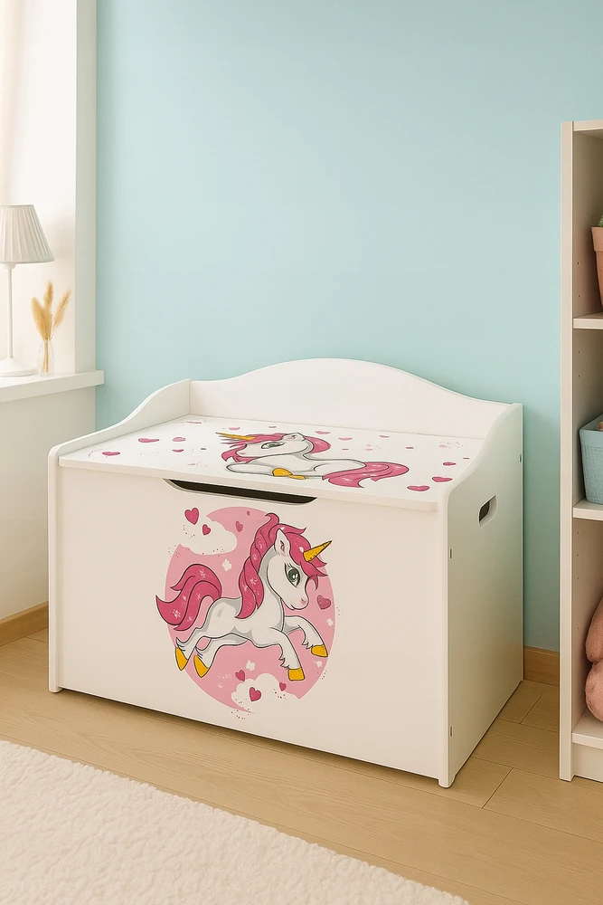 Žaislų dėžė Leomark Unicorn, balta 68x42x46 cm