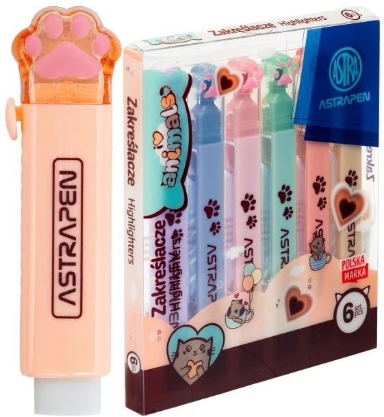Zakreślacze ASTRA Animals ŁAPKI 6 kolorów