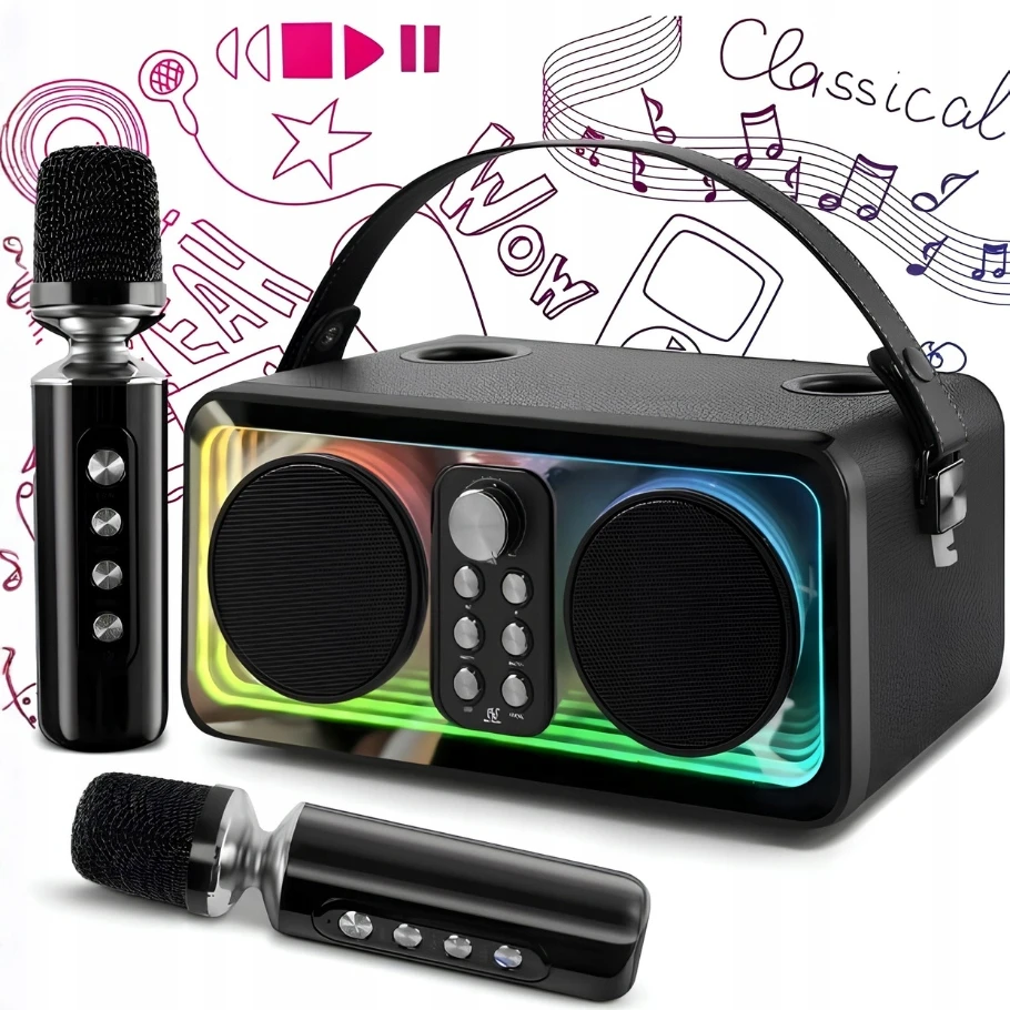 Zaxer KARAOKE GALBARIAUSIO ĮRENGINIS SU 2 BELAIDAIS BLUETOOTH MIKROFONAIS SPALVOTAS LED