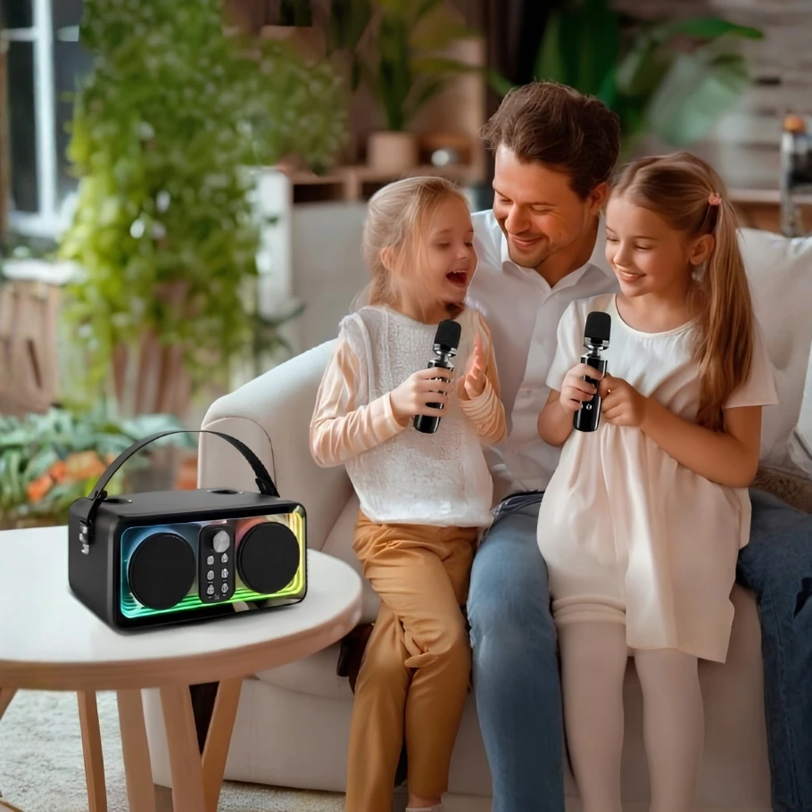 Zaxer KARAOKE GALBARIAUSIO ĮRENGINIS SU 2 BELAIDAIS BLUETOOTH MIKROFONAIS SPALVOTAS LED
