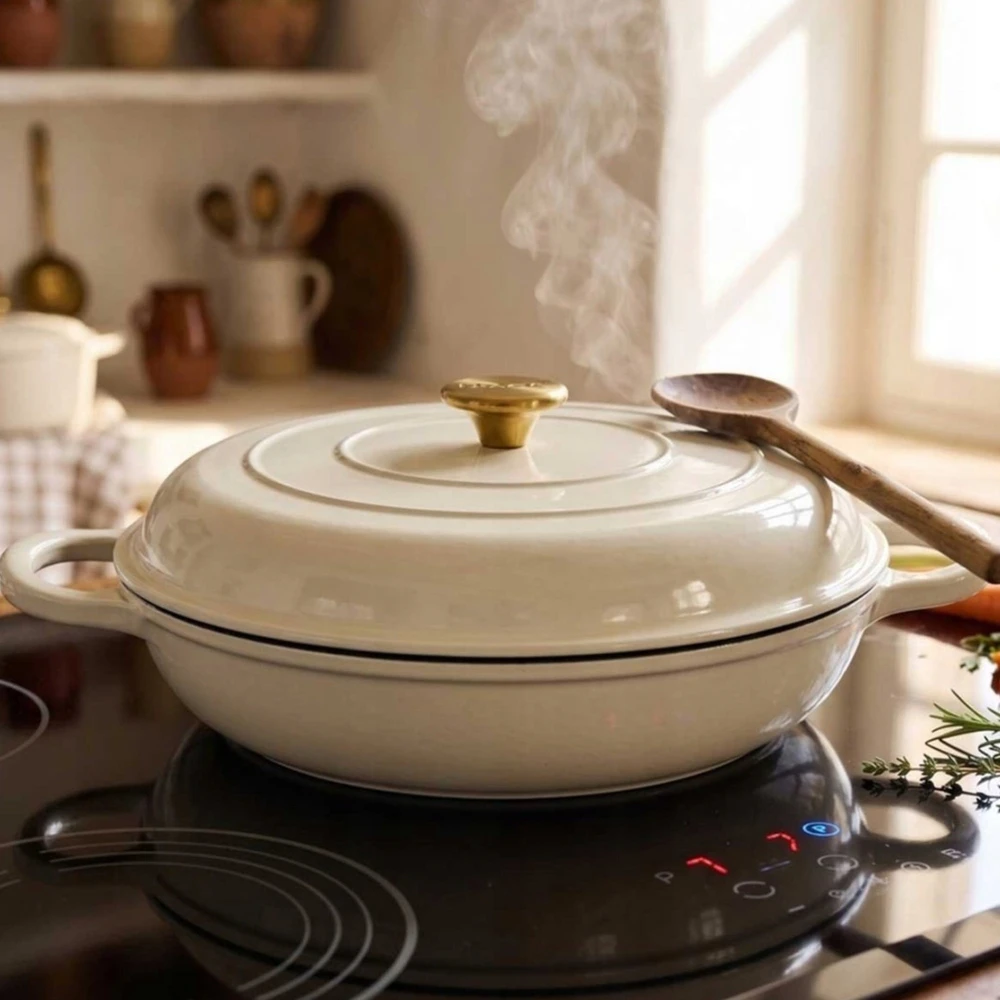 Atusa Žemas emaliuotas ketaus PUODAS Indukcinis HAGE Orkaitė 30 cm 3L Kremas