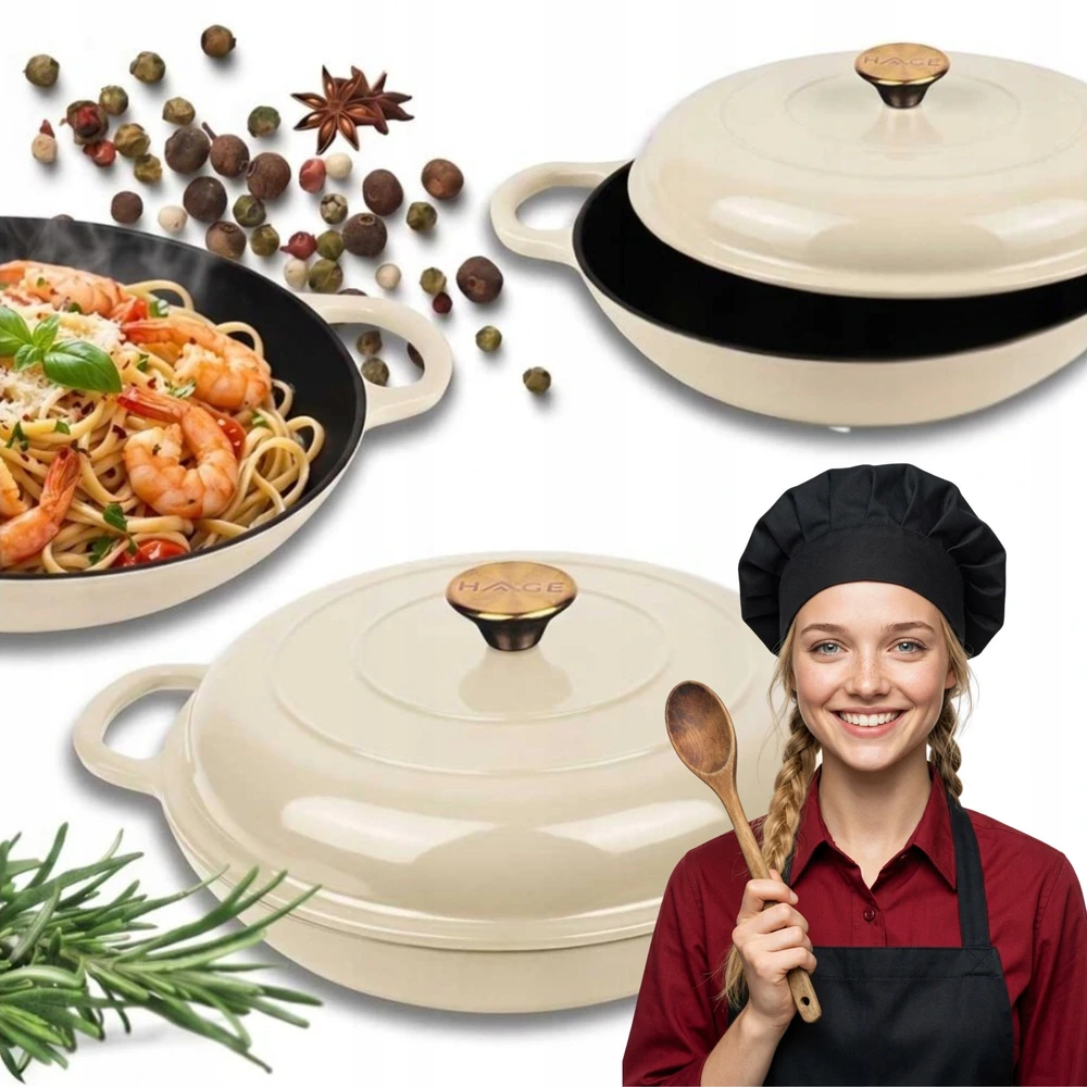Atusa Žemas emaliuotas ketaus PUODAS Indukcinis HAGE Orkaitė 30 cm 3L Kremas