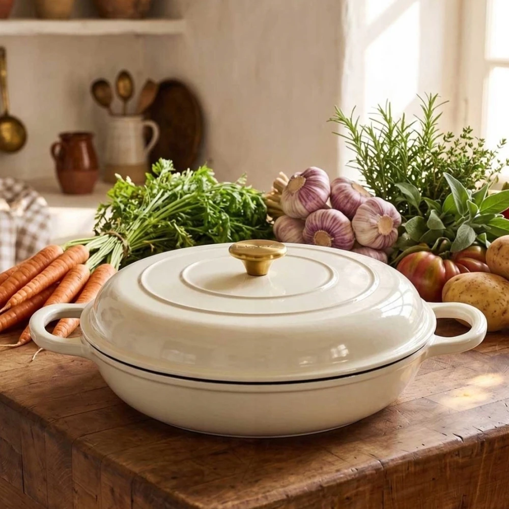 Atusa Žemas emaliuotas ketaus PUODAS Indukcinis HAGE Orkaitė 30 cm 3L Kremas